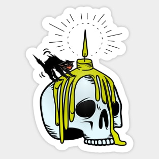 Laminated skull with a dripping candle on top and a frightened black cat with ruffled fur Sticker